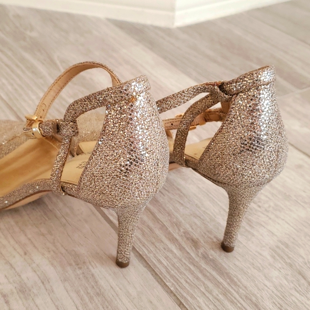 Michael Kors Ava Size Sand Glitter Mid-Heel Sandals Shoes W/Ankle Strap - Picture 7 of 16